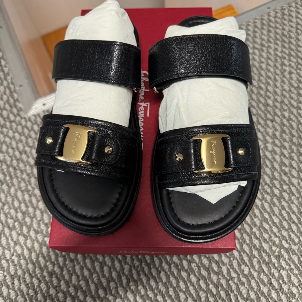 Salvatore Ferragamo Black and Gold Sandals